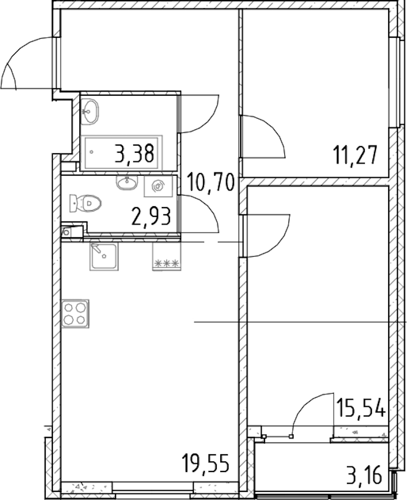 2-комнатная квартира 63.37 м², 10/18 эт., ЖК «Город Первых»